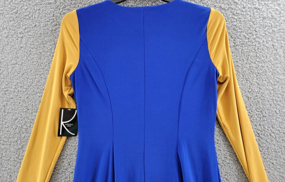 KASPER Colorblock Knot-Neck Sheath Dress Women's S Royal Blue/Gold Pullover L/S