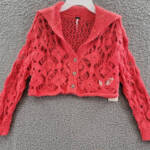 Free People Sedona Cropped Cardigan Women's XS Guava Berry Collared Button Front
