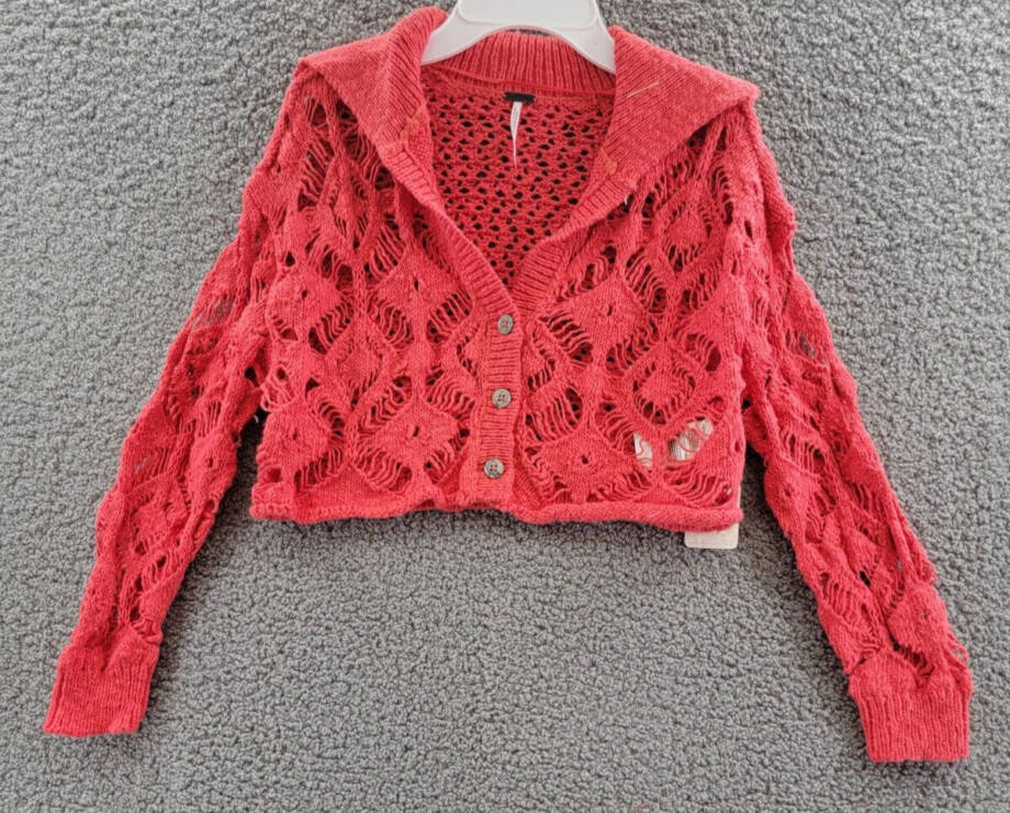 Free People Sedona Cropped Cardigan Women's XS Guava Berry Collared Button Front