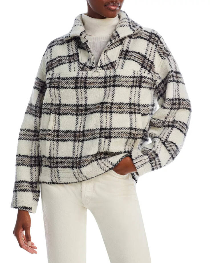 IRO Bika Long Sleeve Sweater Women's 36 Ecru/Black/Grey Spread Collar Pocket Zip
