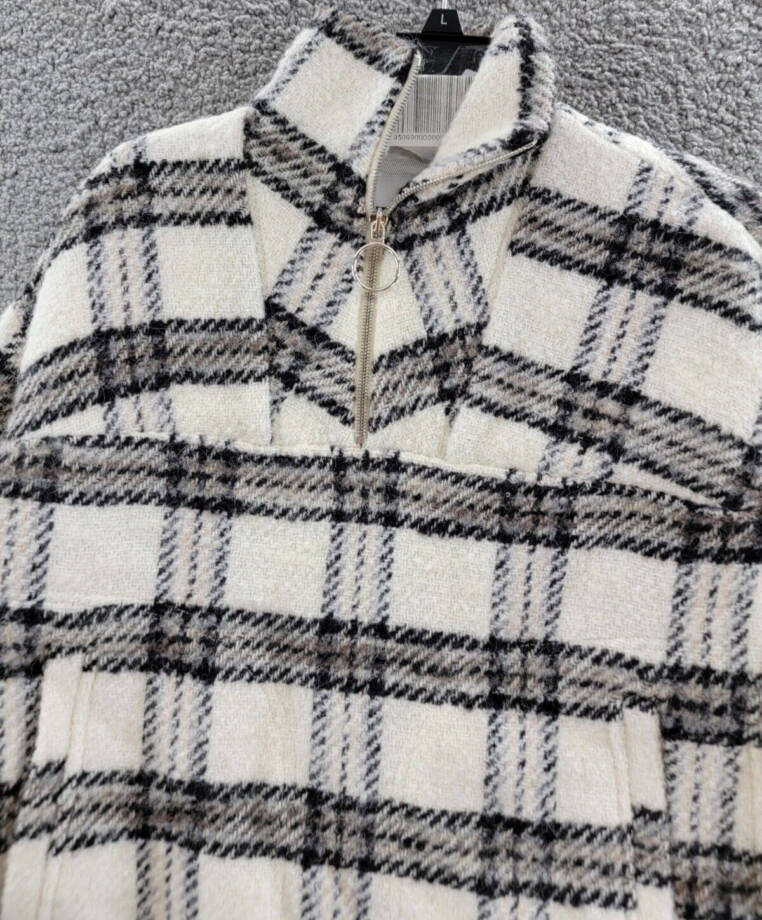 IRO Bika Long Sleeve Sweater Women's 36 Ecru/Black/Grey Spread Collar Pocket Zip
