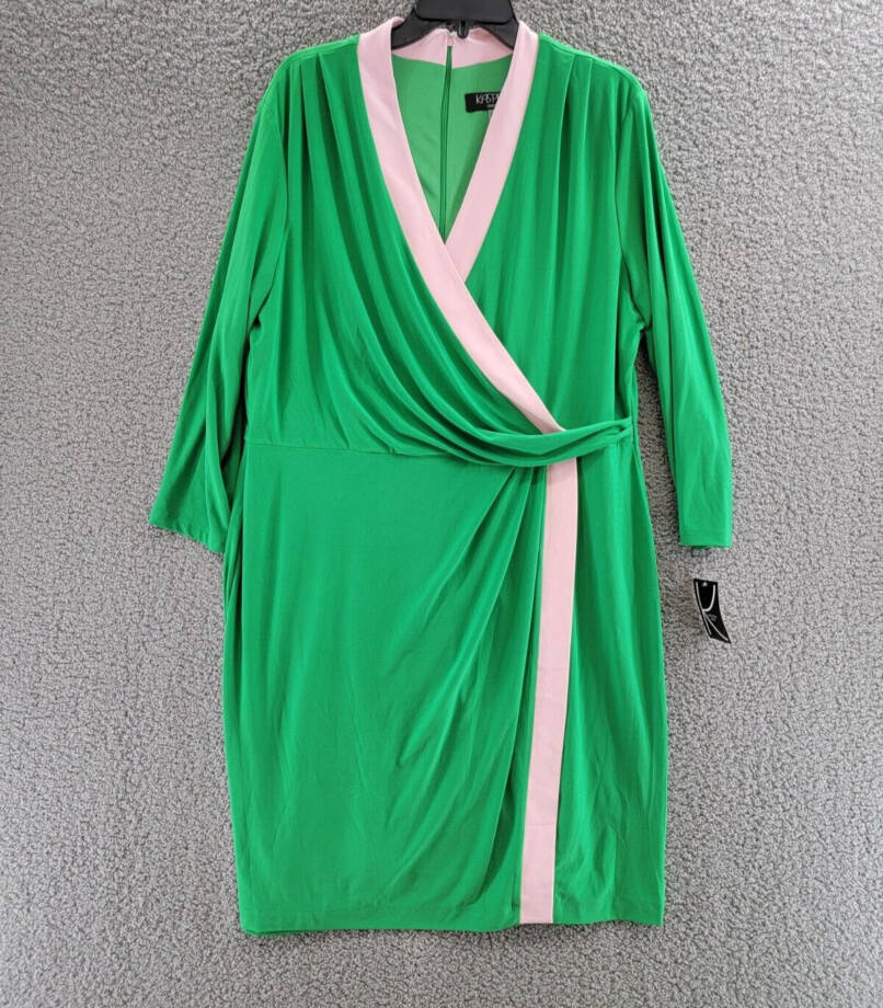Kasper Colorblocked Faux-Wrap Sheath Dress Women's XXL Green/Pink Back Zip