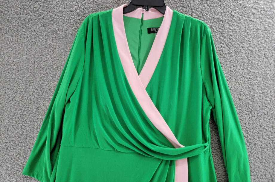 Kasper Colorblocked Faux-Wrap Sheath Dress Women's XXL Green/Pink Back Zip