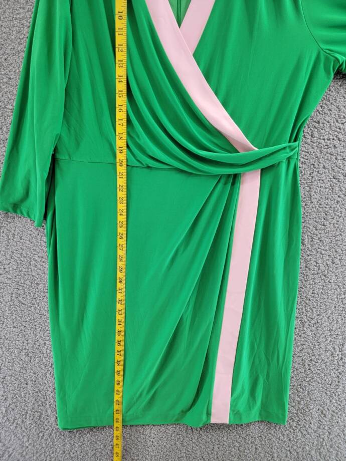 Kasper Colorblocked Faux-Wrap Sheath Dress Women's XXL Green/Pink Back Zip