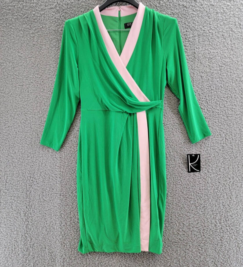 Kasper Colorblocked Faux-Wrap Sheath Dress Women's S Green/Pink Back Zip Closure