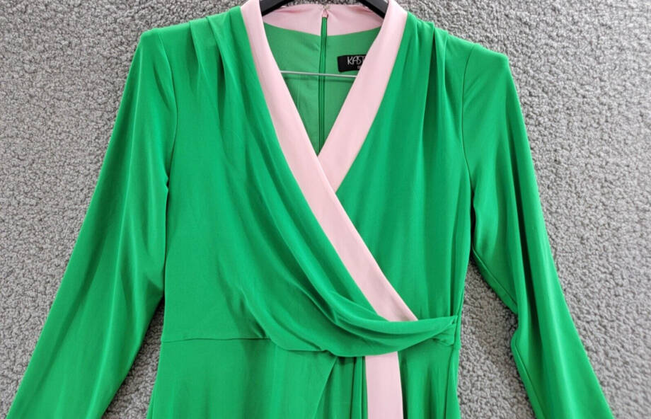 Kasper Colorblocked Faux-Wrap Sheath Dress Women's S Green/Pink Back Zip Closure