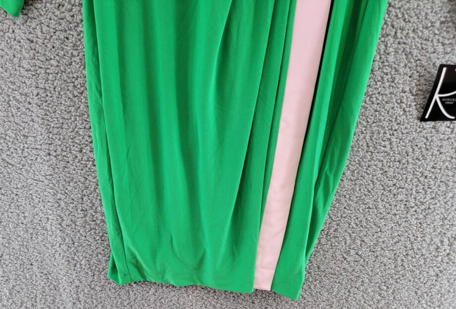 Kasper Colorblocked Faux-Wrap Sheath Dress Women's S Green/Pink Back Zip Closure