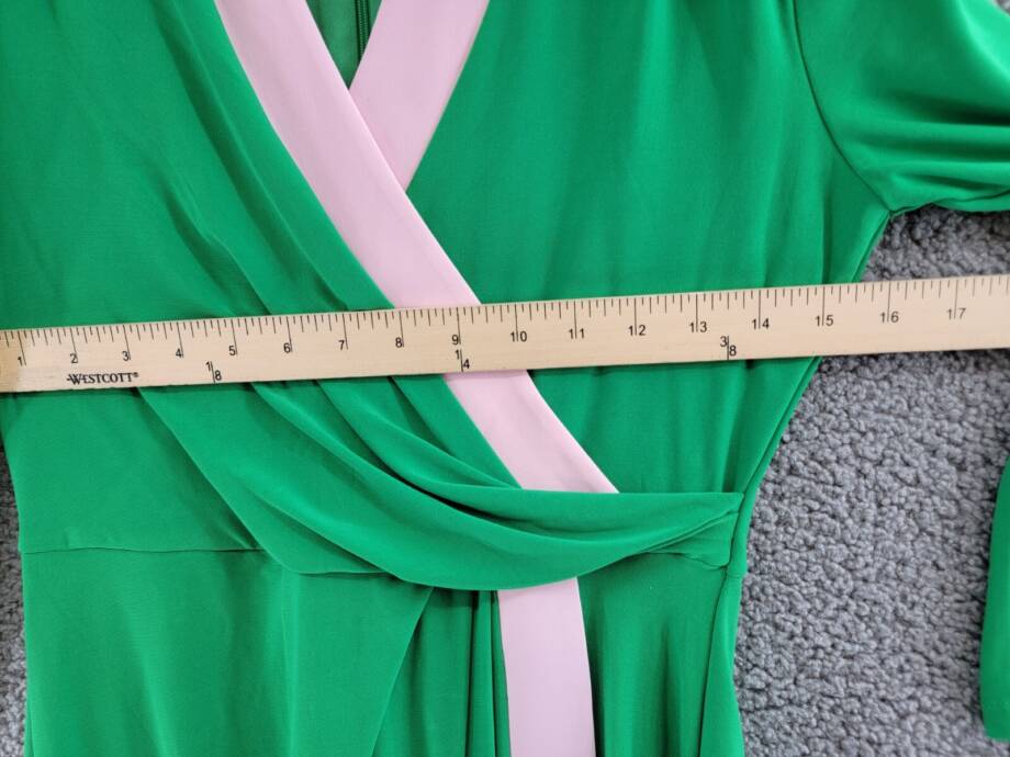 Kasper Colorblocked Faux-Wrap Sheath Dress Women's S Green/Pink Back Zip Closure