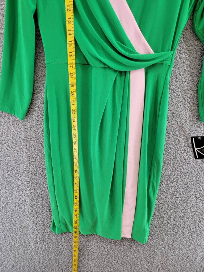 Kasper Colorblocked Faux-Wrap Sheath Dress Women's S Green/Pink Back Zip Closure