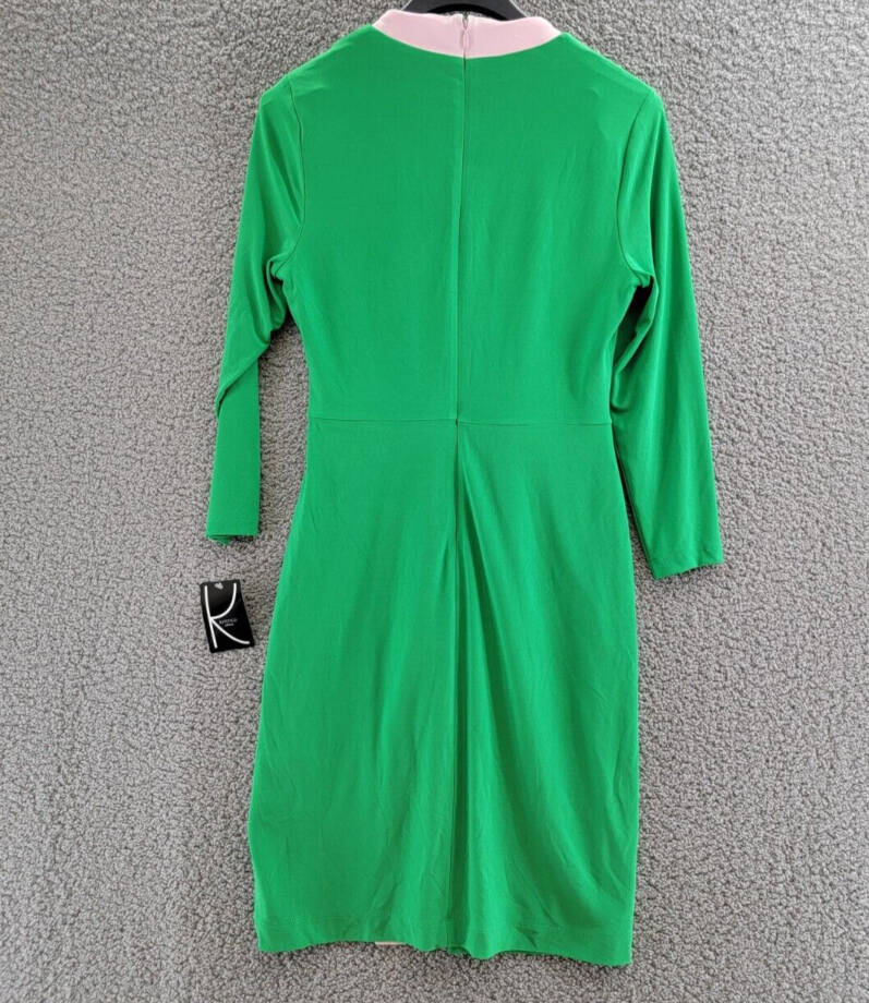Kasper Colorblocked Faux-Wrap Sheath Dress Women's S Green/Pink Back Zip Closure