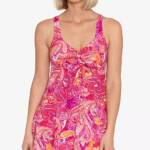 Swim Solutions Tummy-Control Bow-Front Swim Dress Women's 8 Fuchsia Pull On