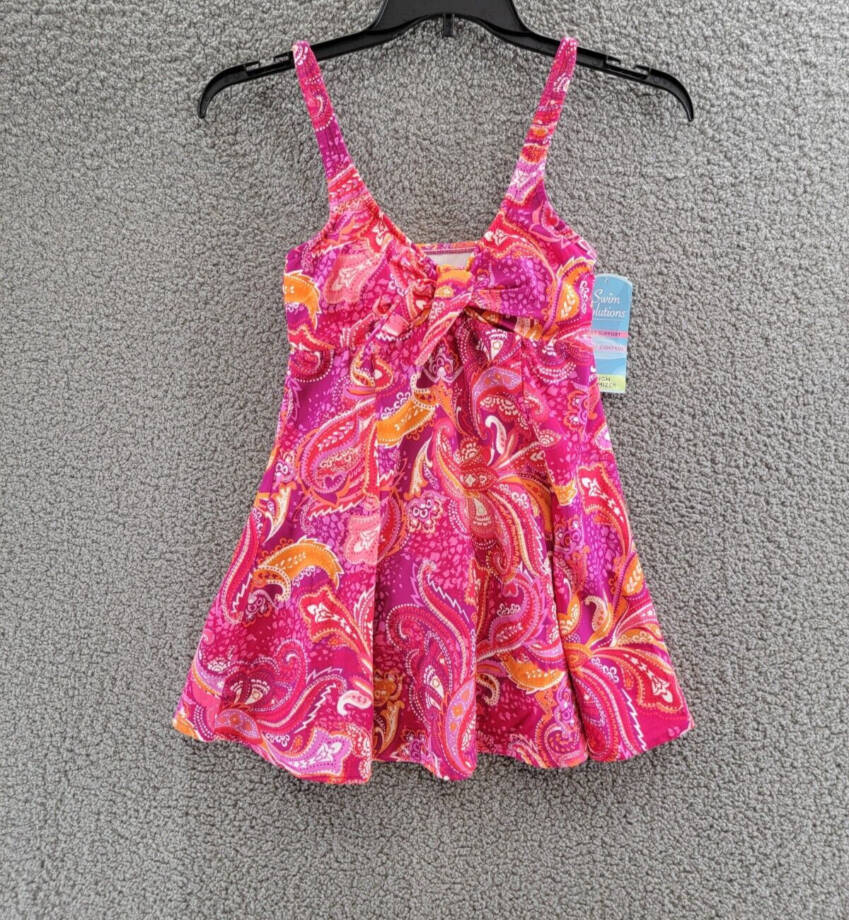 Swim Solutions Tummy-Control Bow-Front Swim Dress Women's 8 Fuchsia Pull On