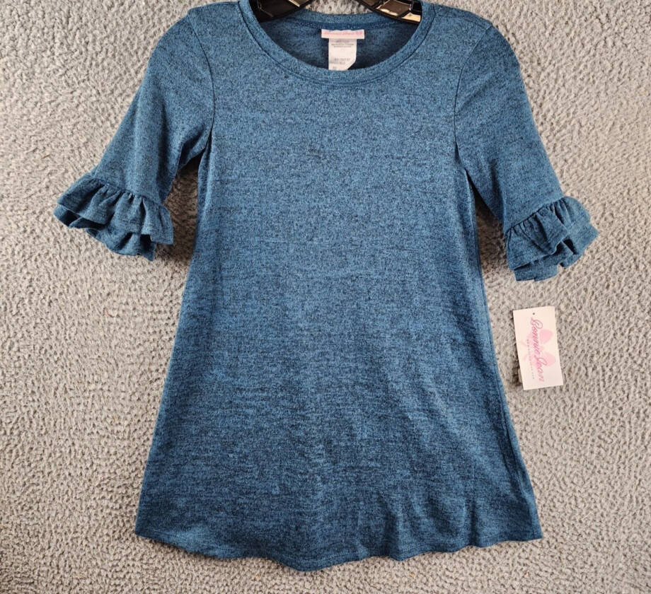 Bonnie Jean Double Bell Sleeve Knit Dress Big Girls 10 Blue Heather Crew Neck