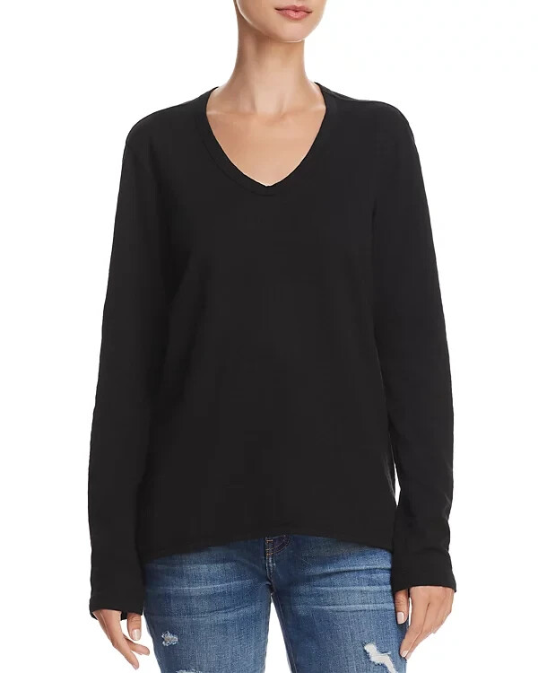 Wilt Shrunken Boyfriend Top Women's XS Black Ribbed V Neck Pullover Long Sleeves