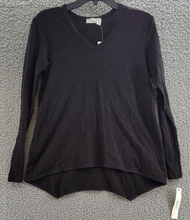 Wilt Shrunken Boyfriend Top Women's XS Black Ribbed V Neck Pullover Long Sleeves