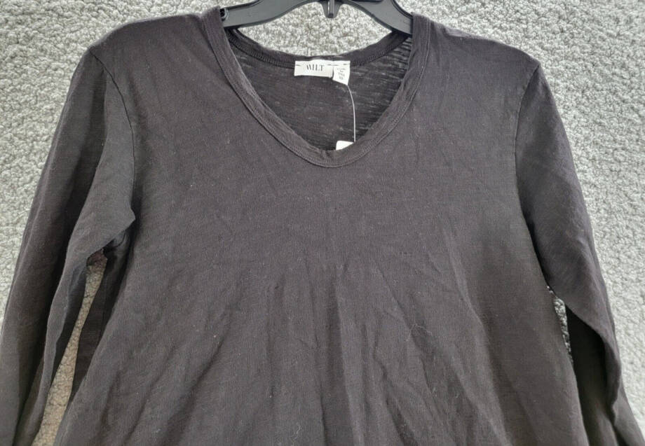Wilt Shrunken Boyfriend Top Women's XS Black Ribbed V Neck Pullover Long Sleeves