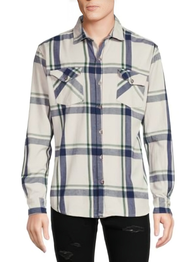 Original Paperbacks Vintage Wash Plaid Flannel Shirt Mens S Cream Blue Multi L/S
