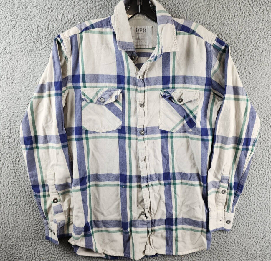 Original Paperbacks Vintage Wash Plaid Flannel Shirt Mens S Cream Blue Multi L/S