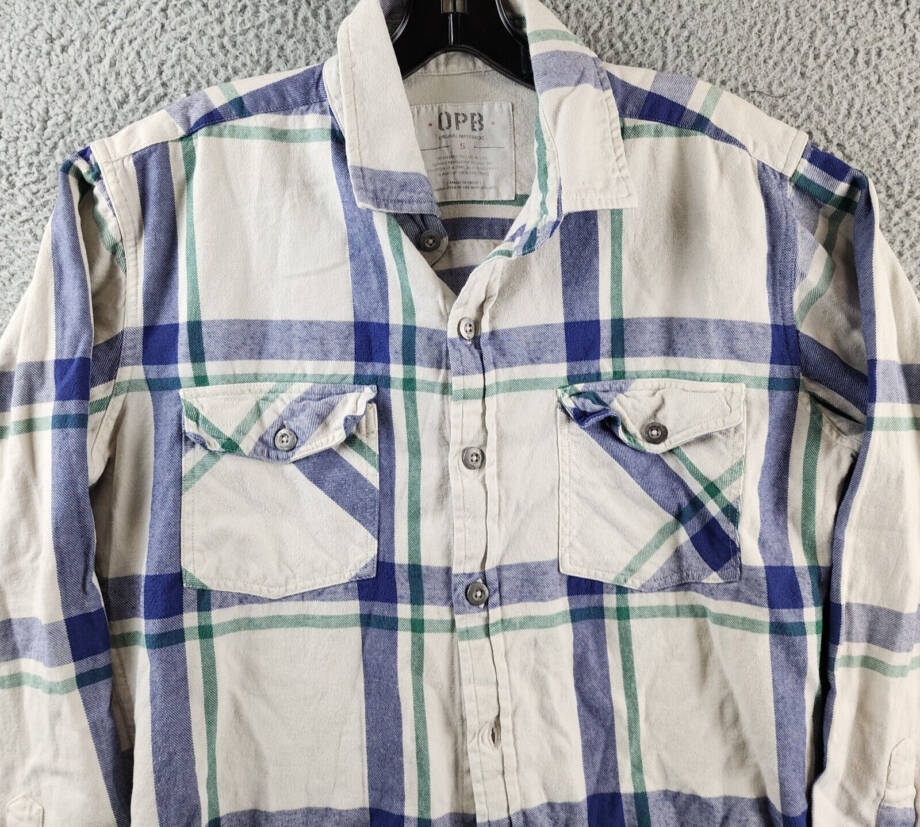 Original Paperbacks Vintage Wash Plaid Flannel Shirt Mens S Cream Blue Multi L/S
