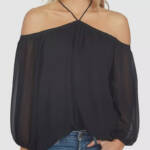 1.STATE Off-The-Shoulder Halter Neck Blouse Women's XXS Black Button Back L/S