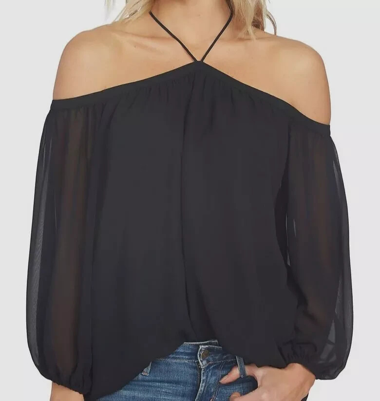 1.STATE Off-The-Shoulder Halter Neck Blouse Women's XXS Black Button Back L/S