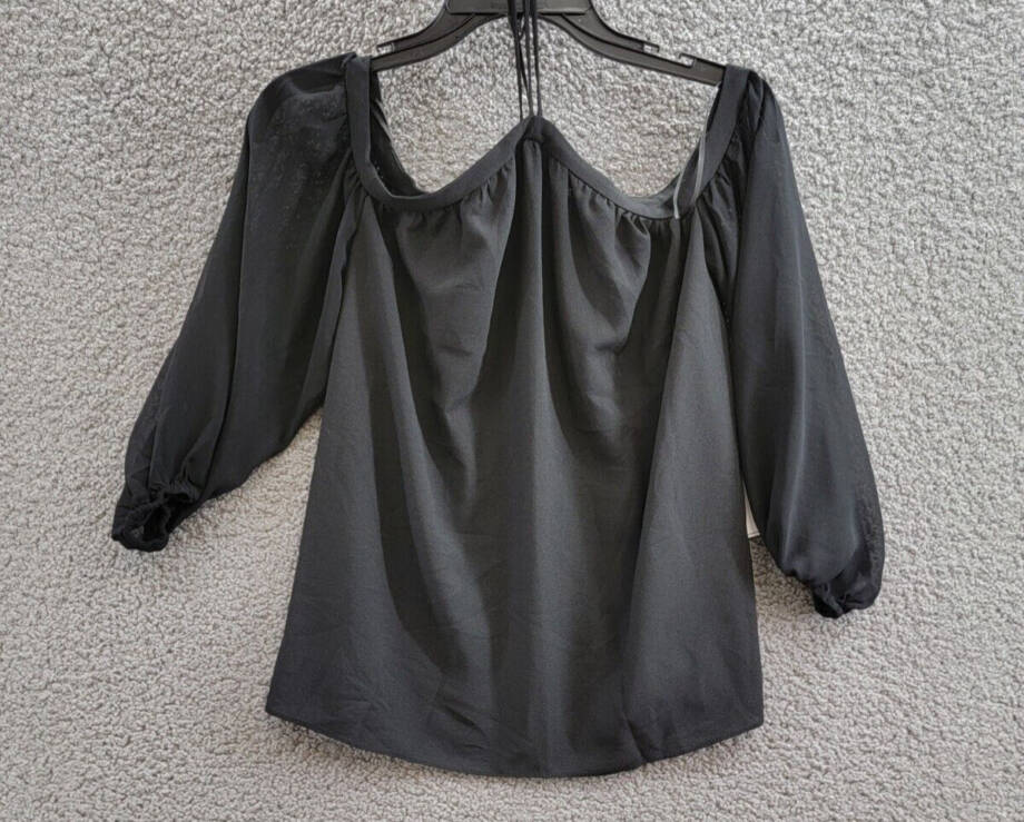 1.STATE Off-The-Shoulder Halter Neck Blouse Women's XXS Black Button Back L/S