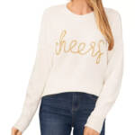 CeCe Cheers Crewneck Sweater Women's M Cream Solid Beaded Long Sleeve Pullover