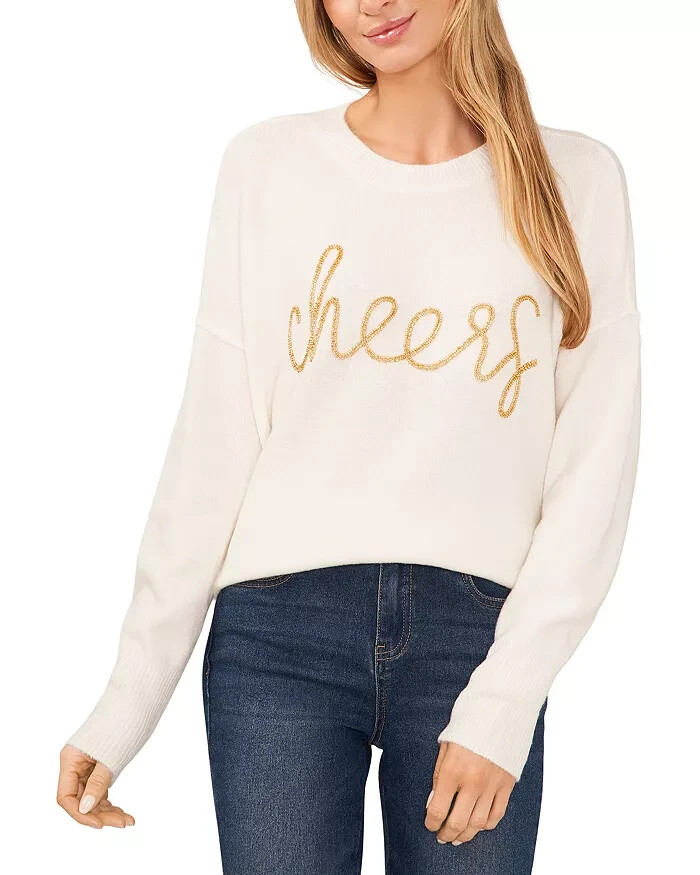 CeCe Cheers Crewneck Sweater Women's M Cream Solid Beaded Long Sleeve Pullover