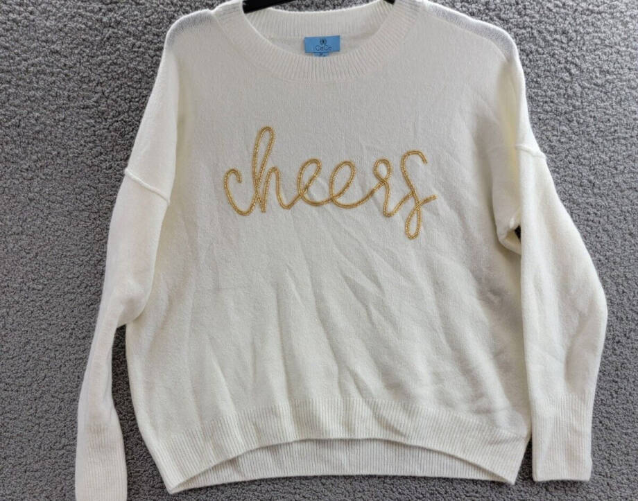 CeCe Cheers Crewneck Sweater Women's M Cream Solid Beaded Long Sleeve Pullover
