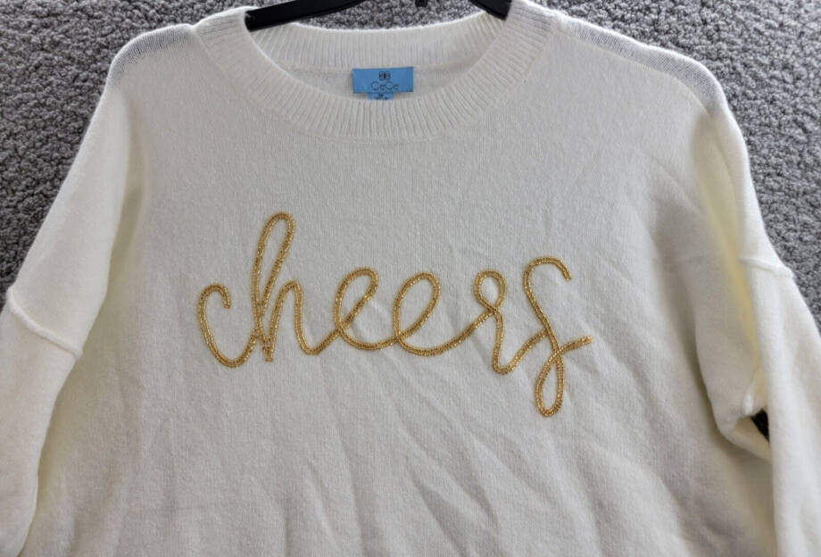 CeCe Cheers Crewneck Sweater Women's M Cream Solid Beaded Long Sleeve Pullover