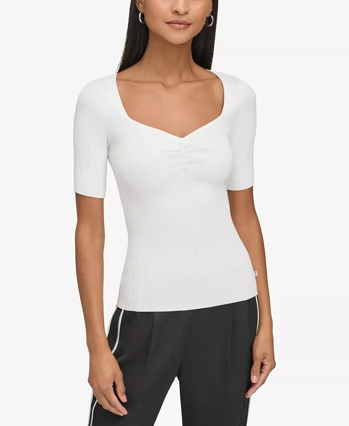 KARL LAGERFELD PARIS Sweetheart-Neck Sweater Women's S Soft White Short Sleeve