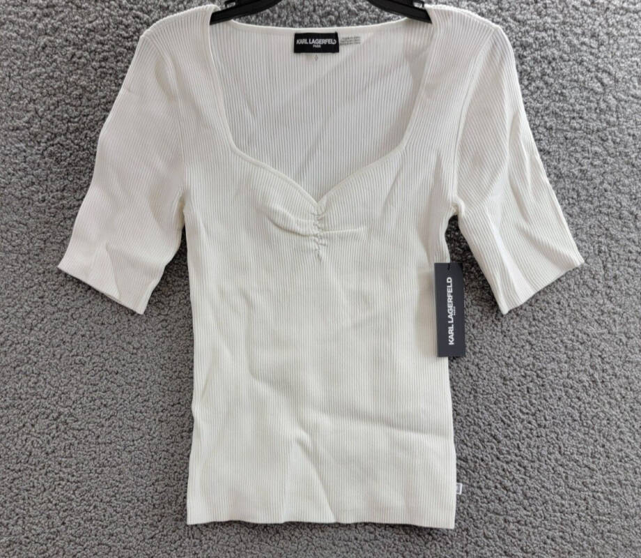 KARL LAGERFELD PARIS Sweetheart-Neck Sweater Women's S Soft White Short Sleeve
