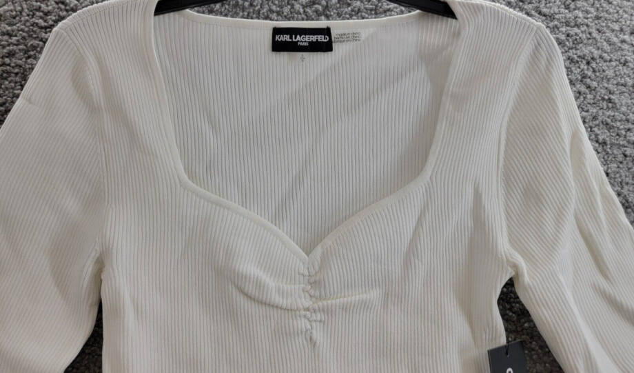 KARL LAGERFELD PARIS Sweetheart-Neck Sweater Women's S Soft White Short Sleeve