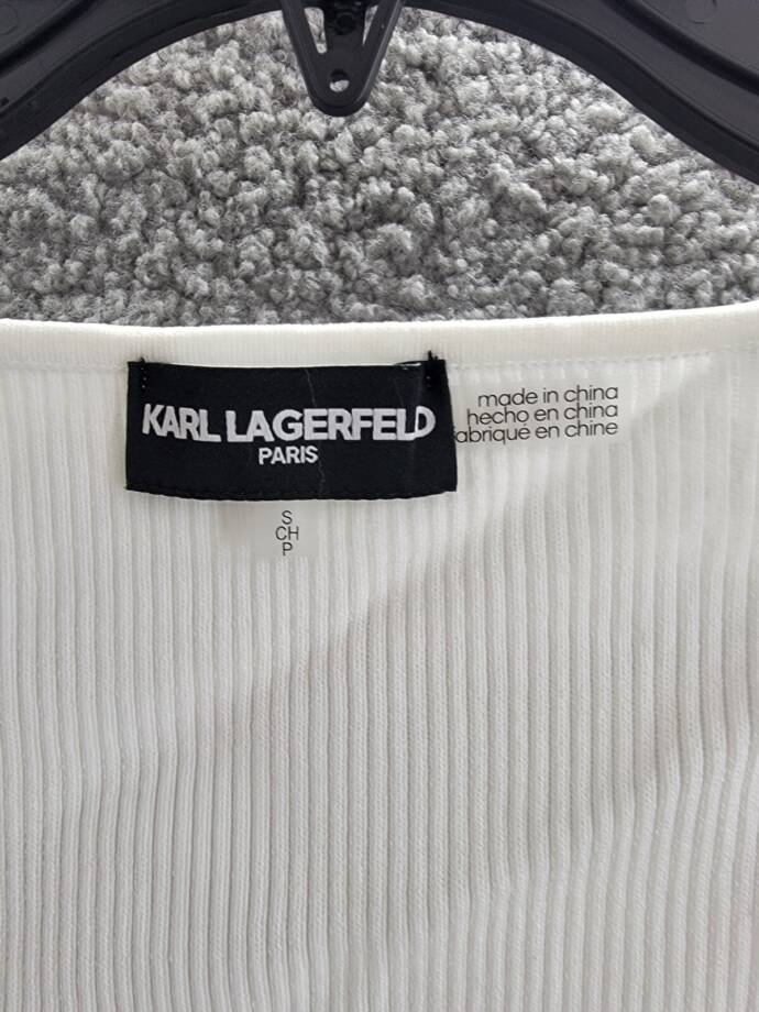 KARL LAGERFELD PARIS Sweetheart-Neck Sweater Women's S Soft White Short Sleeve