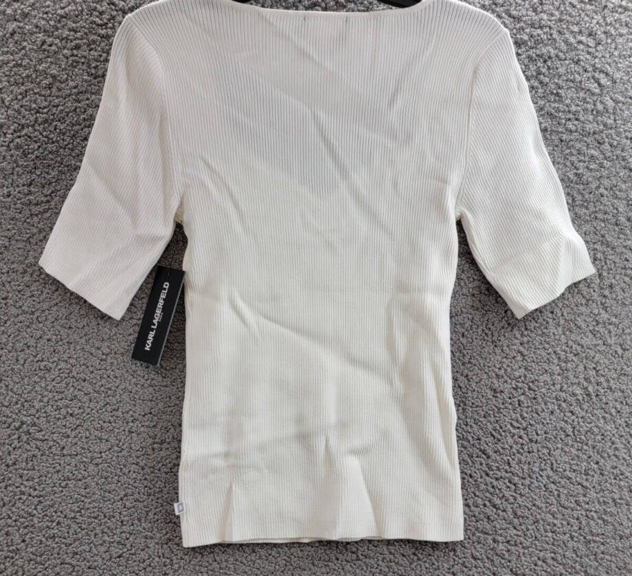 KARL LAGERFELD PARIS Sweetheart-Neck Sweater Women's S Soft White Short Sleeve