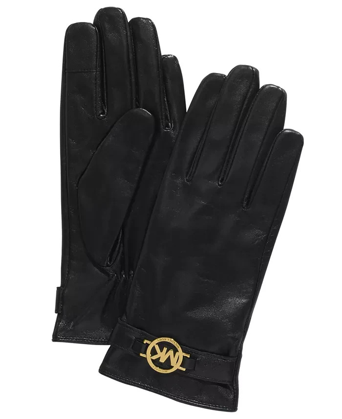 MICHAEL Michael Kors Leather Logo Ornament Gloves Women's M Black Slip On