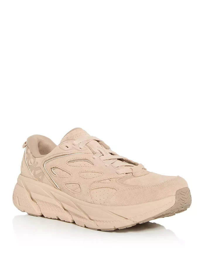 HOKA Clifton L Suede Low Top Sneakers Unisex 10W/9M Light Tan Round Toe Lace Up