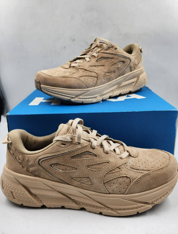 HOKA Clifton L Suede Low Top Sneakers Unisex 10W/9M Light Tan Round Toe Lace Up
