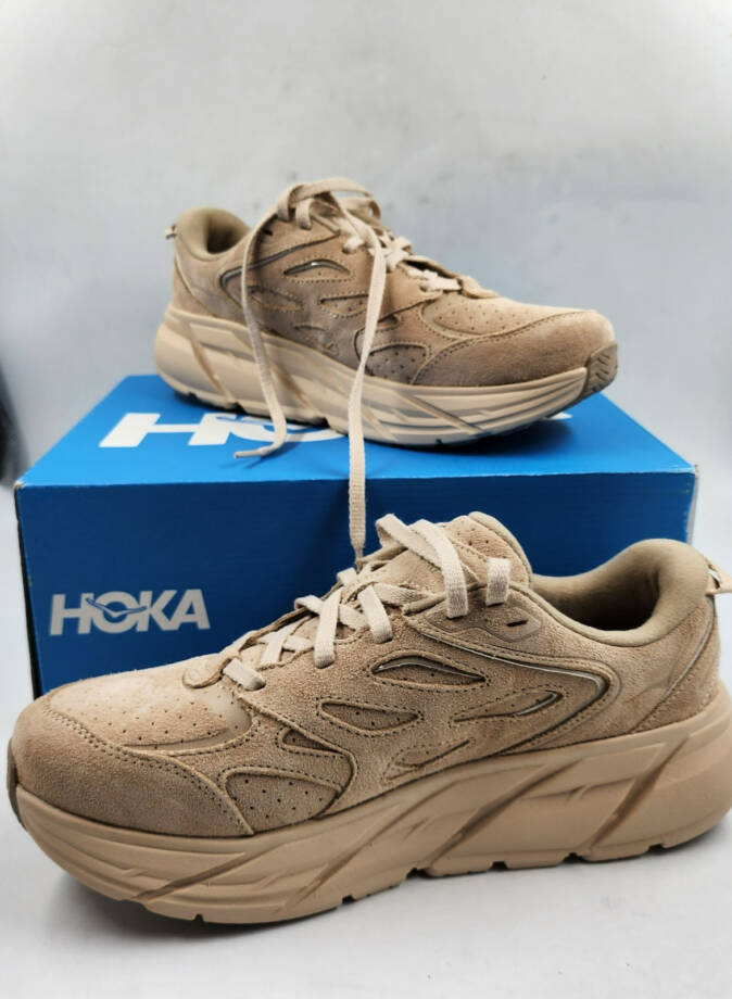 HOKA Clifton L Suede Low Top Sneakers Unisex 10W/9M Light Tan Round Toe Lace Up