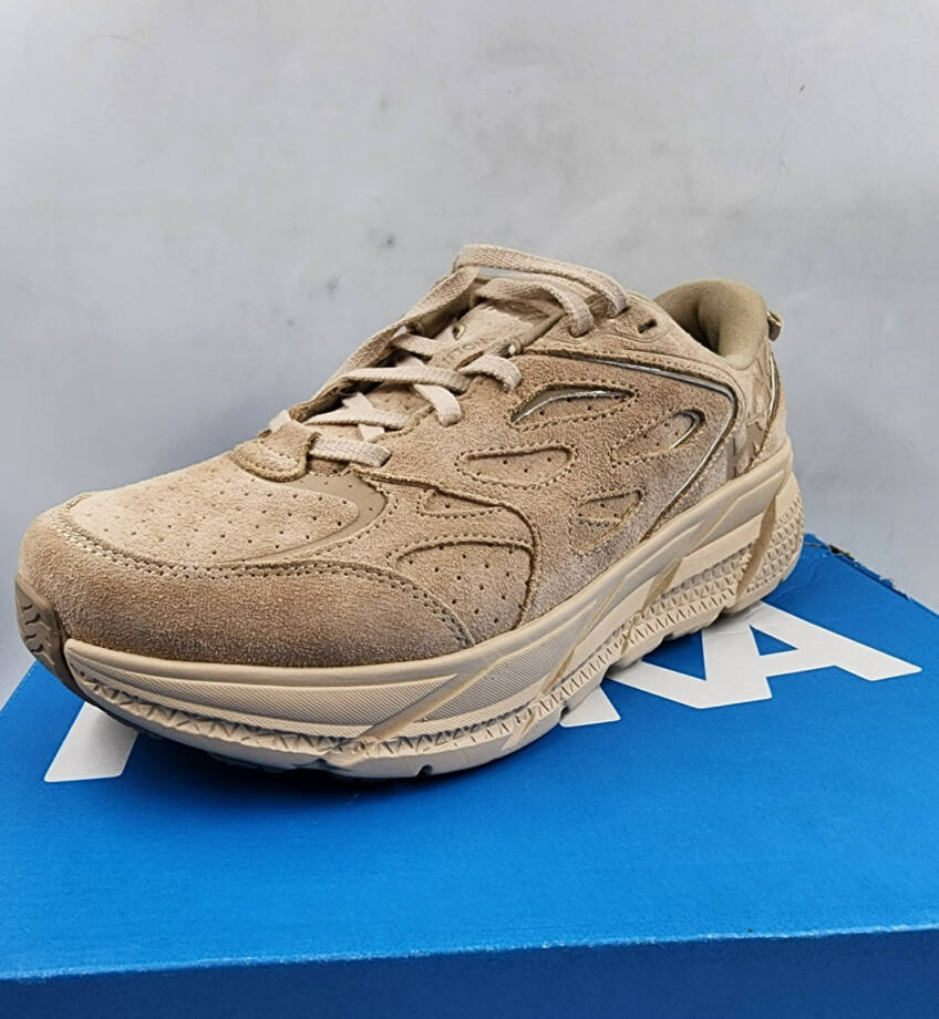 HOKA Clifton L Suede Low Top Sneakers Unisex 10W/9M Light Tan Round Toe Lace Up