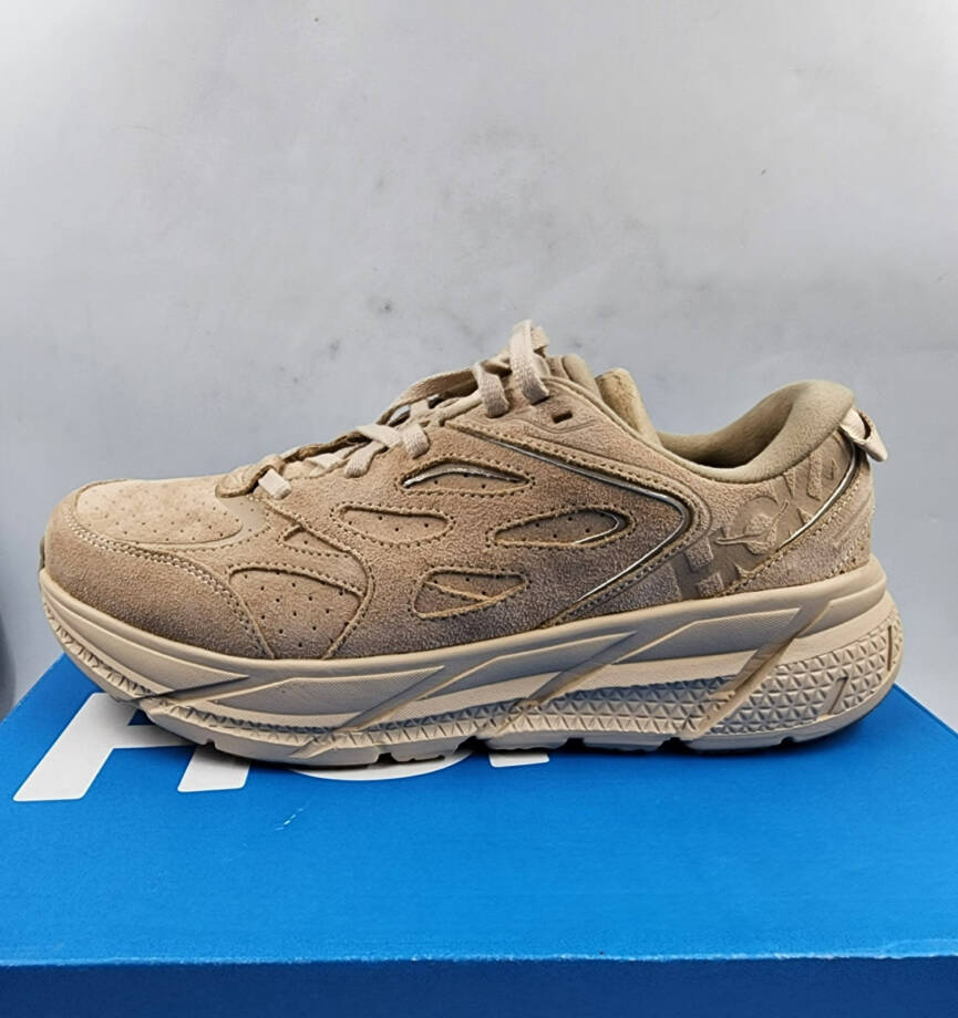 HOKA Clifton L Suede Low Top Sneakers Unisex 10W/9M Light Tan Round Toe Lace Up