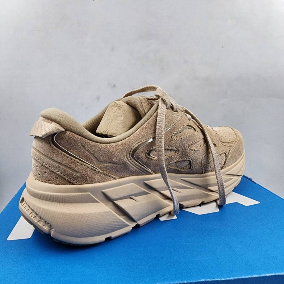 HOKA Clifton L Suede Low Top Sneakers Unisex 10W/9M Light Tan Round Toe Lace Up