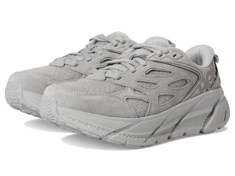 HOKA Clifton L Suede Low Top Sneakers Unisex 10W/9M Limestone Round Toe Lace Up