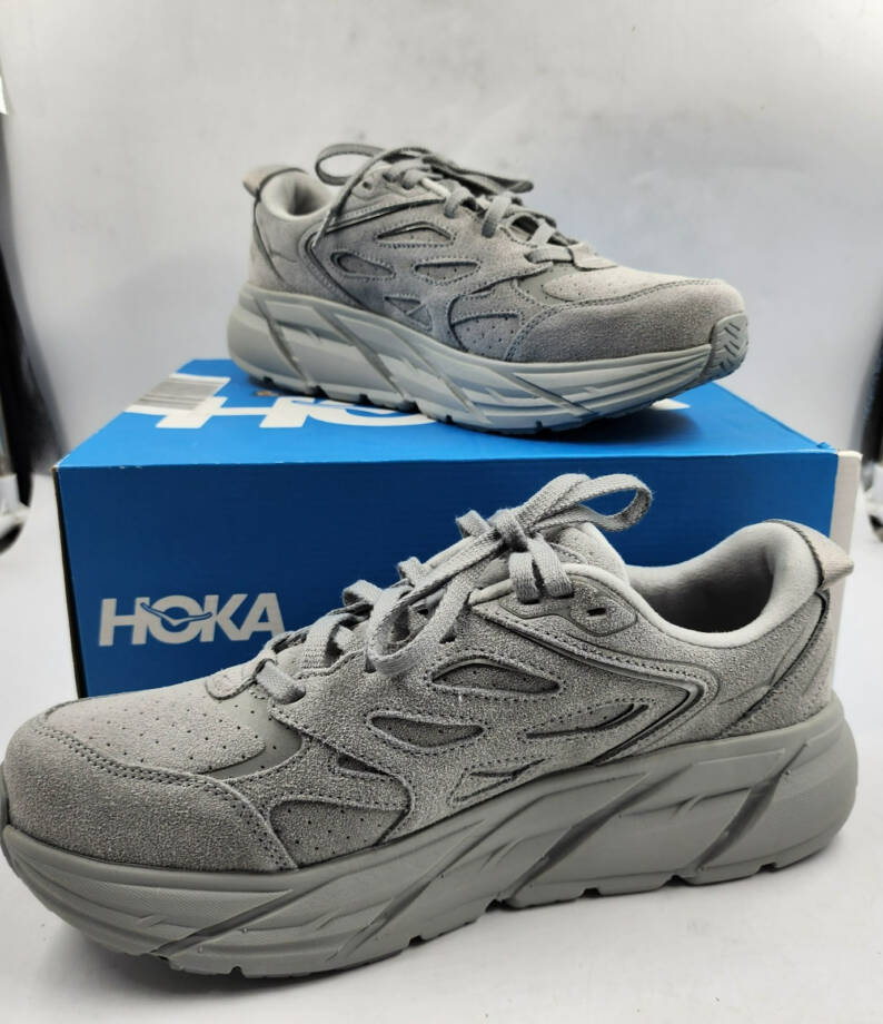HOKA Clifton L Suede Low Top Sneakers Unisex 10W/9M Limestone Round Toe Lace Up