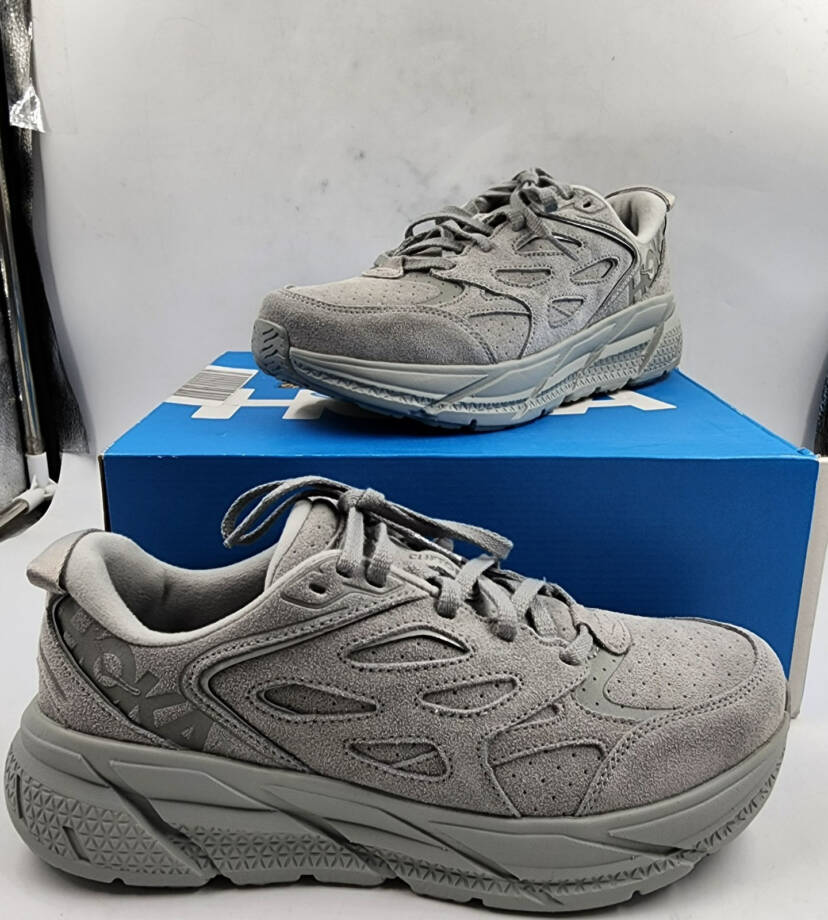 HOKA Clifton L Suede Low Top Sneakers Unisex 10W/9M Limestone Round Toe Lace Up