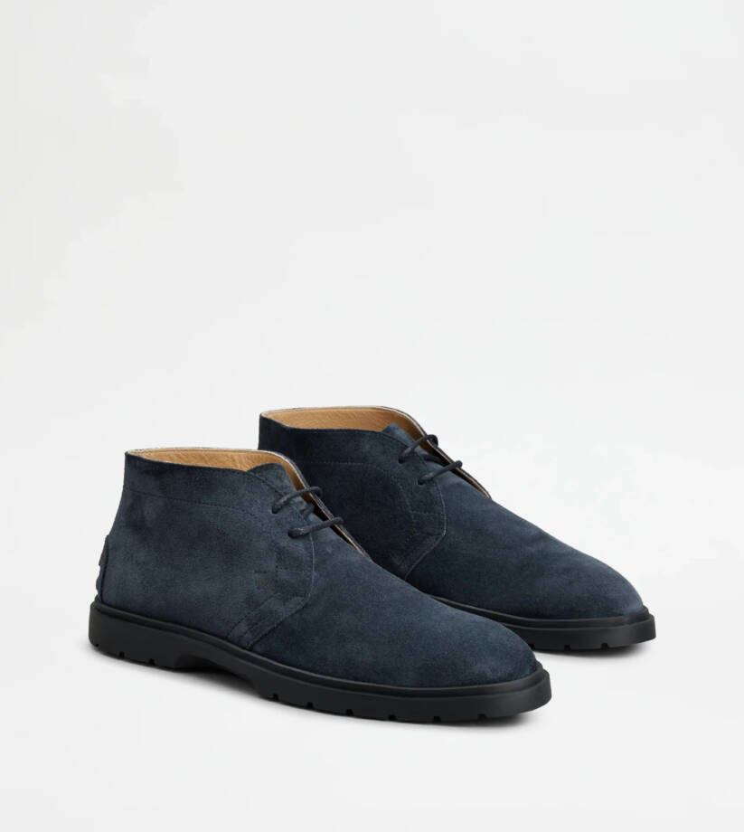 Tod's Lace Up Desert Boots Men's 8/9.5US Blue Suede Embossed Monogram Round Toe
