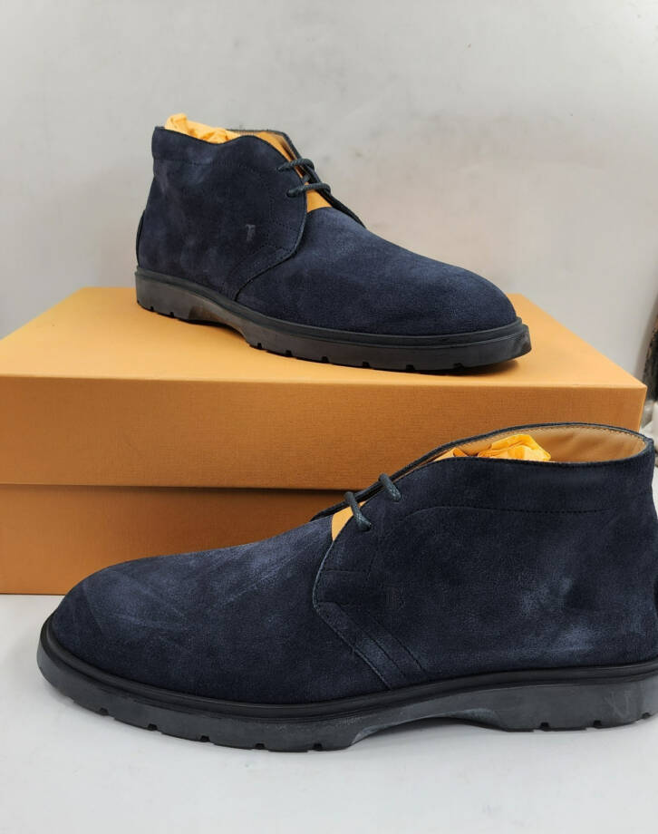Tod's Lace Up Desert Boots Men's 8/9.5US Blue Suede Embossed Monogram Round Toe