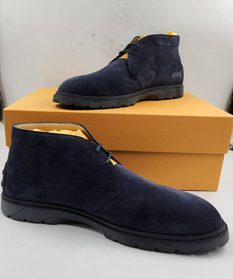 Tod's Lace Up Desert Boots Men's 8/9.5US Blue Suede Embossed Monogram Round Toe