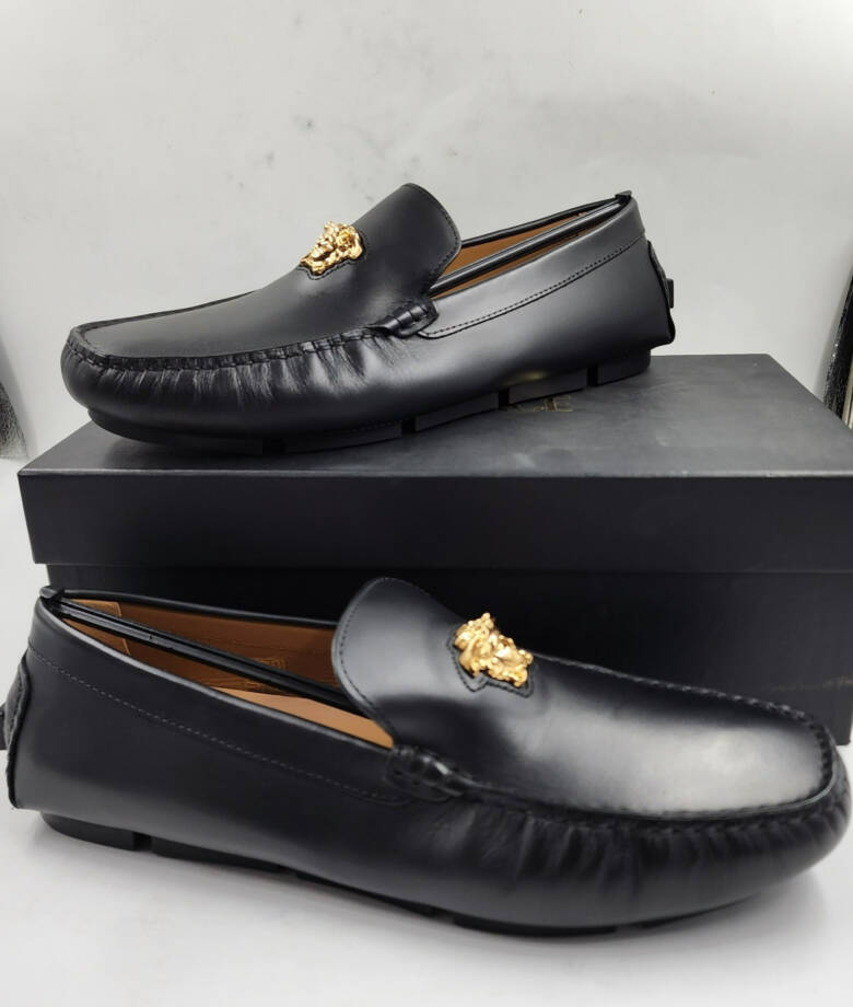 Versace La Medusa Driver Loafers Men's 45/12US Black/Gold Medusa Plaque Slip On
