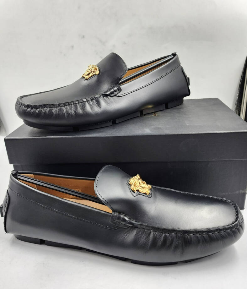 Versace La Medusa Driver Loafers Men's 45/12US Black/Gold Medusa Plaque Slip On